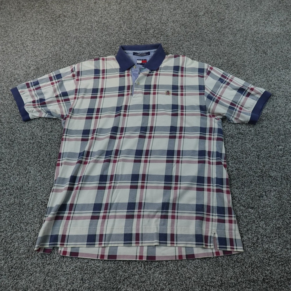 VTG Tommy Hilfiger Polo Shirt Mens XL Plaid Short Sleeve Crest Logo 90s Y2K Golf